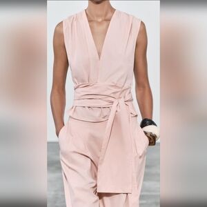 Elegant Zara Pink Sleeveless Poplin Top with Tie Waist